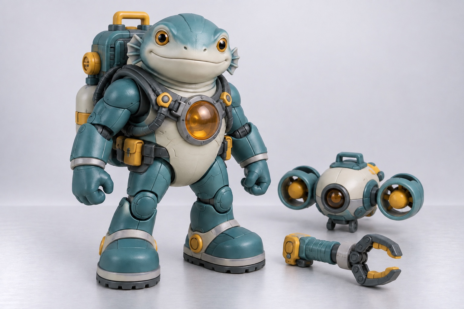 Deep Sea Salvager concept in three-quarter front view, with a scout drone and exploration tool beside the articulated figure